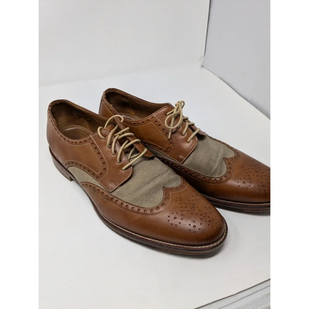 Sperry Wingtip Oxford STS10161 Tan Leather Linen Dress Shoes Mens 10